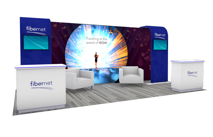 20' Pueblo SEG Backlit and Tubular Rental Exhibit w/ Kiosks and Counters (RT86538)