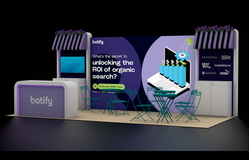 10'x 20' BackLit Extrusion Display w/ Dual Kiosks, Café Seating and Halo Lighting (ID0527)