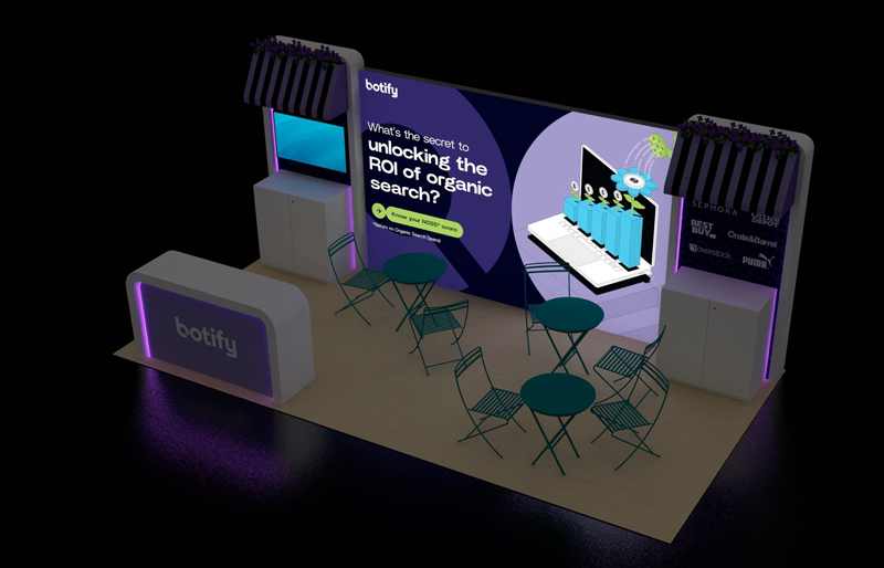 10'x 20' BackLit Extrusion Display w/ Dual Kiosks, Café Seating and Halo Lighting (ID0527)