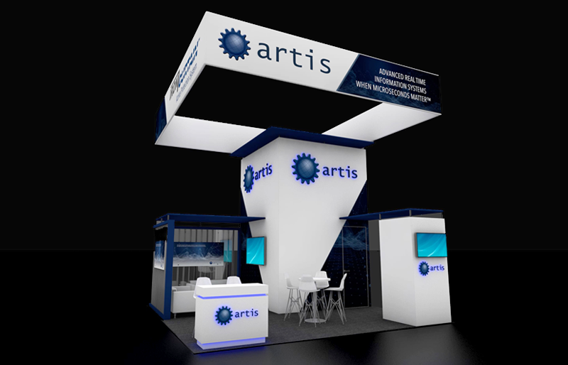 20' x 20' DesignLine Exhibit w/ Conference Room, Lounge Area, and Hanging Sign (ID0558)