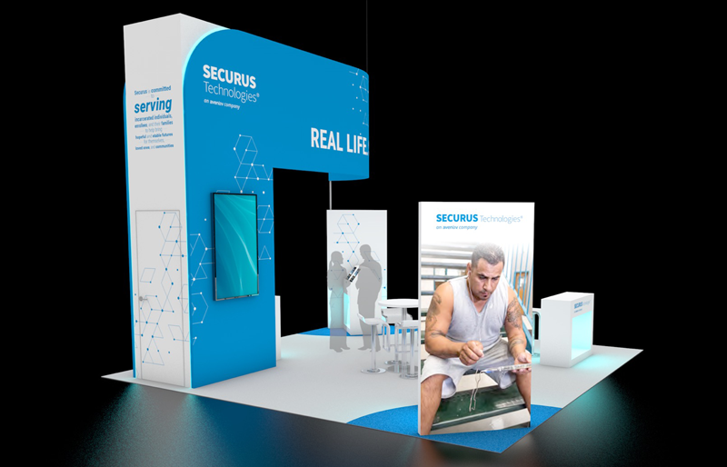 20' x 20' Custom Island Exhibit w/ Architectural Wall and HaloLit Product Kiosks (ID0564)