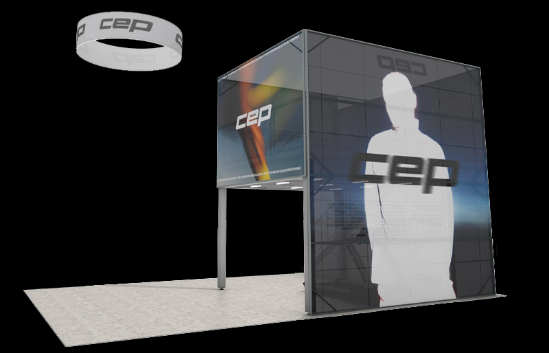 20' x 30' Double-Deck Island Exhibit with Hanging Sign (ID0581)