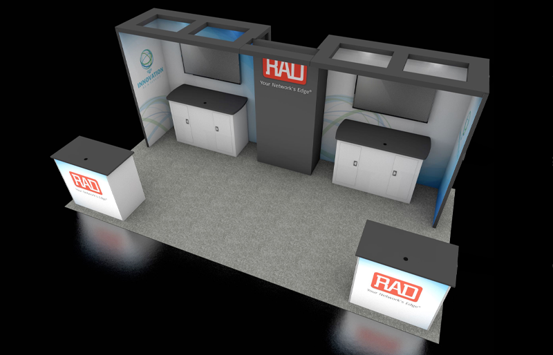 10' x 20' Scalable Custom Exhibit w/ DownLit Wood Canopy and Backlit Reception Counters (ID0609)