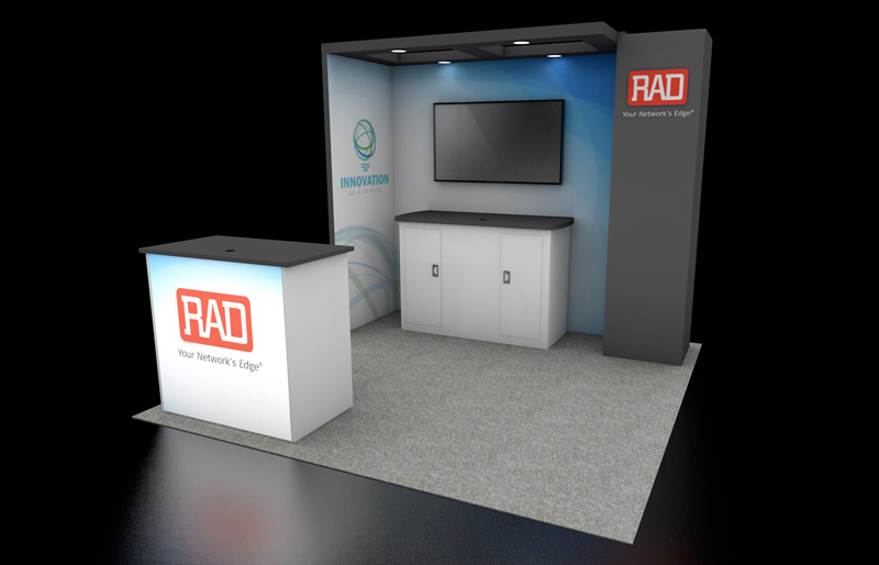 10' x 10' Scalable Custom Exhibit w/ DownLit Wood Canopy and Backlit Reception Counter (ID0610)