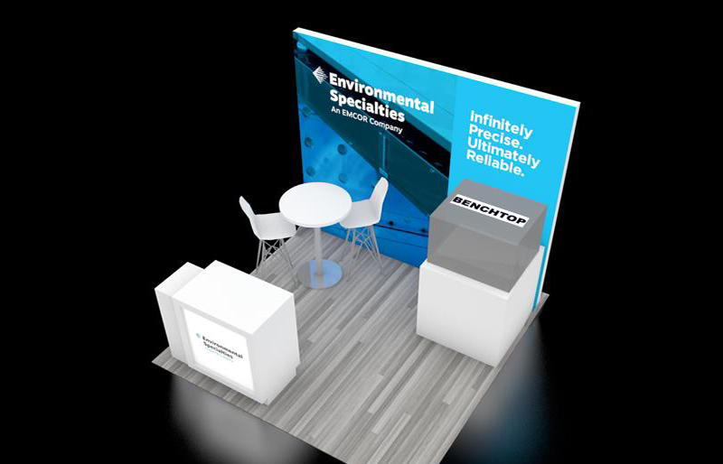 10' x 10' Scalable Backlit Exhibit w/ Reception Counter and Casual Meeting Area (ID0623)
