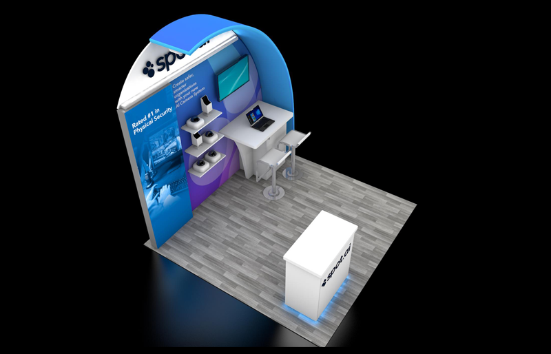 10' x 10' Scalable Custom Modular Exhibit w/ Curved Canopy and Product Display (ID0627)