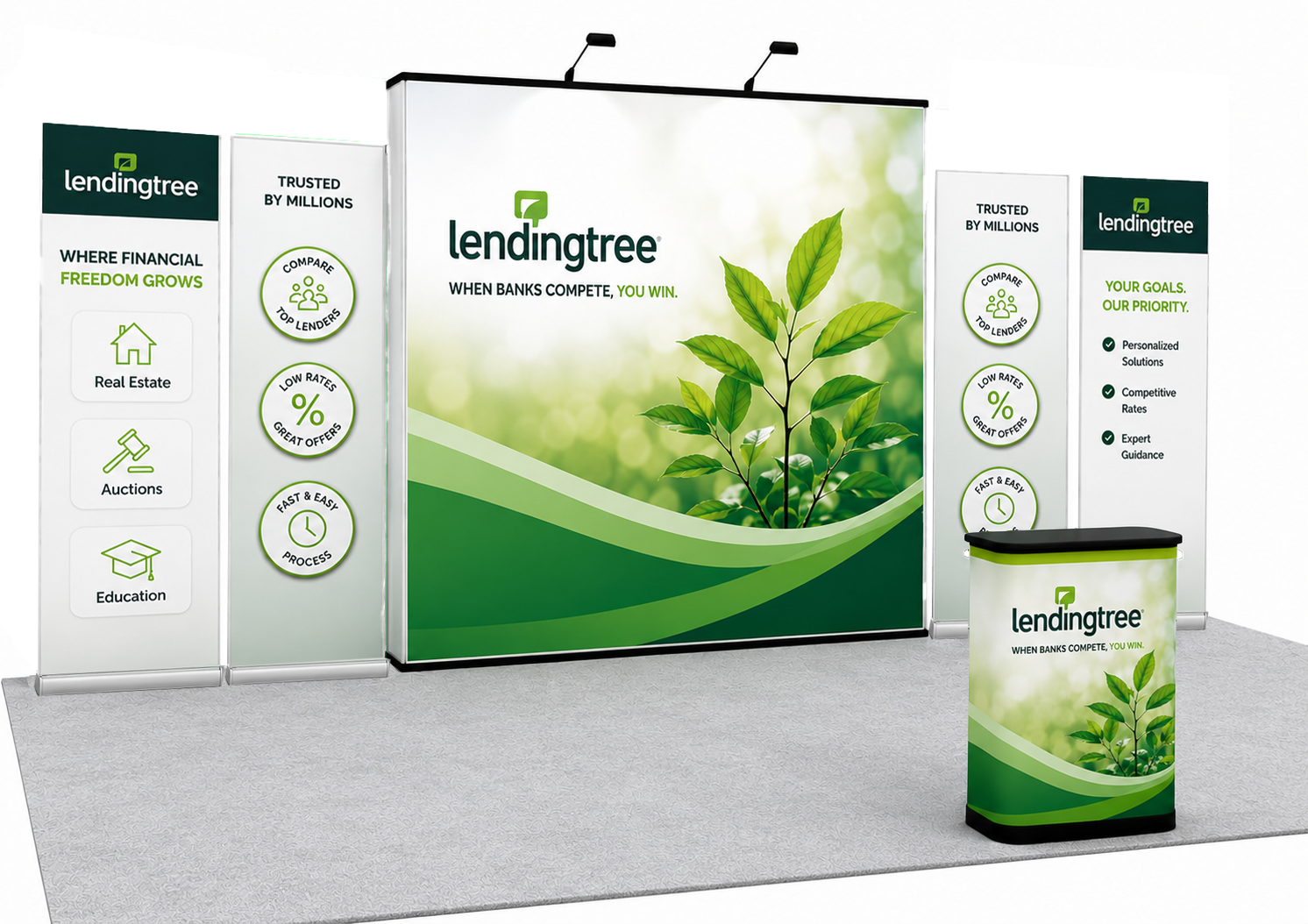 20' Portable Scalable Instand Exhibit w/ RollOne Counter and Banner Stands (ID5406)