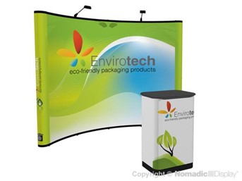 10' Instand Curved Backwall Exhibit with Inkjet Case to Counter Conversion